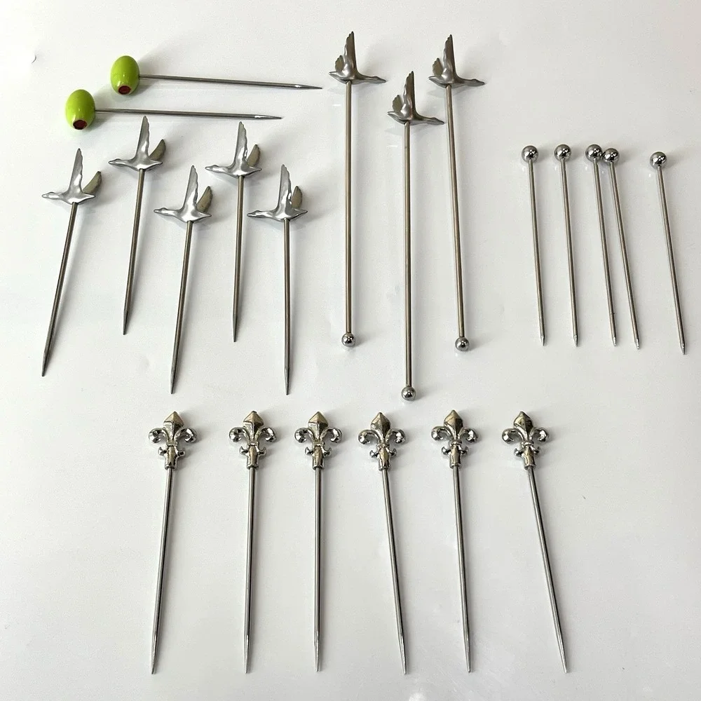 Assorted Stainless Cocktail Picks Skewers Lot Of 21 Fleur de lis Bird Barware